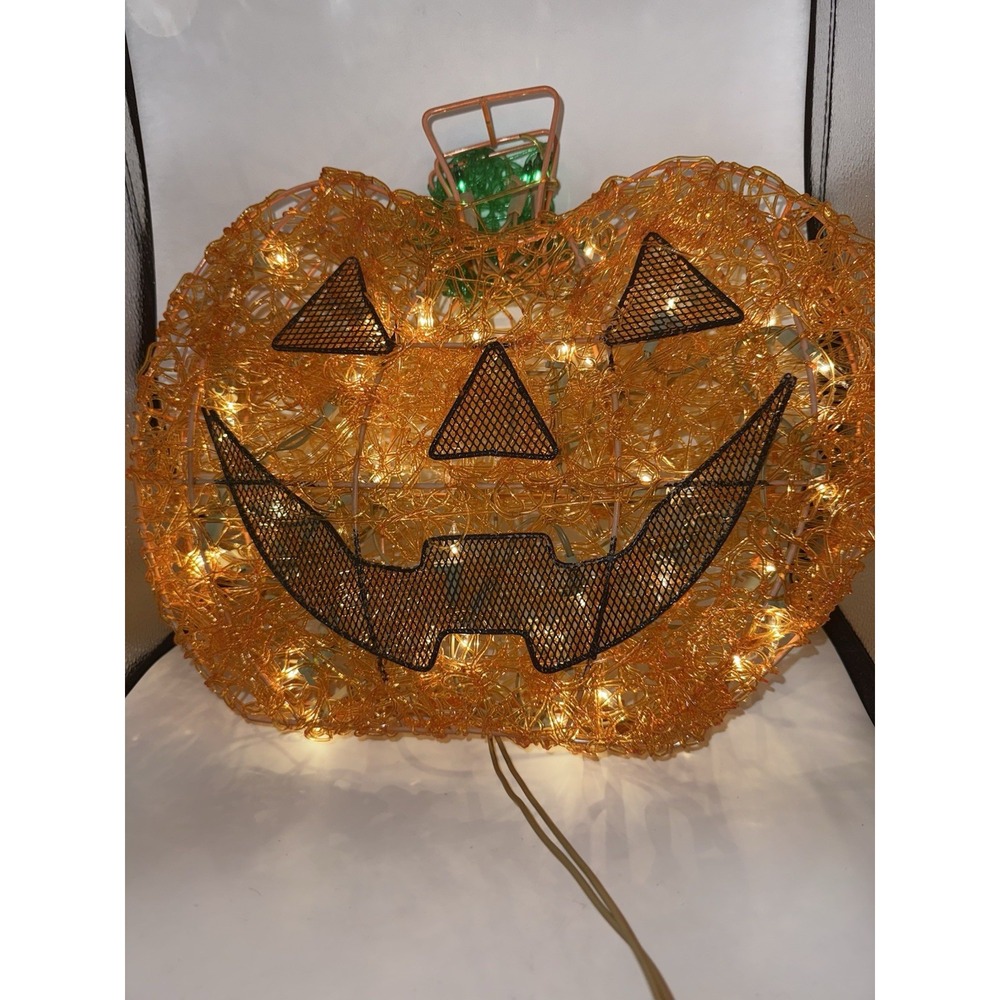 Vintage 14" Halloween Spun Spaghetti Pumpkin Jack-O-Lantern Lights Tested - Picture 2 of 8